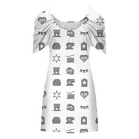 Денот на независноста Женски Летен Краток Фустан Висок Струк Надвор Од Рамо Печатен Фустан Со Кратки Ракави, Бел, XL