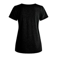 Женски Летни Маици Краток Ракав V Вратот Блуза со Џеб Маици Блузи Боја Блок Обични Кошули Црна# XXXXL