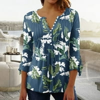 Хенли Флорална Блуза Секојдневен Моден Краток Ракав Блузи За Жени Скај Блу XL