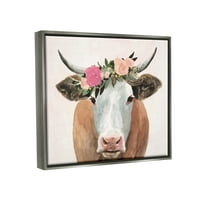 Студената индустрија Пролетна цветна круна крава со рогови сјајни сиви врамени пловечки платно wallидна уметност, 24х30