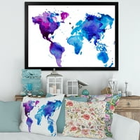 DesignArt „Сина и виолетова мапа на светот“ модерно врамено уметничко печатење