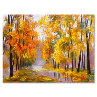 Дизајн Шума полна со паднати лисја во есен покрај реката 'езерото Хаус платно wallидна уметност печатење