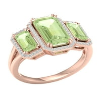 Империјал скапоцен камен 10К розово злато смарагд исечен зелена аметист КТ два дијамантска три камена ореоло женска прстен