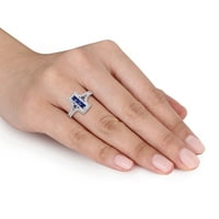 Miabella Women's'sims 1- Carat T.G.W. Квадратни и обиколени и обиколни пребарувани сини сафир и создадени бели сафир Стерлинг сребрен ореол прстен