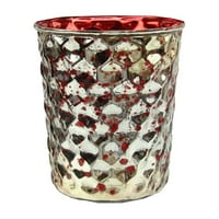 Сет на црвена и сребрена зачукана стакло од жива декоративни држачи за гласови на свеќи 4 “