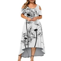 Женска Мода Со Кратки Ракави Со Големи Димензии Цветен Принт Со Пеперутки Со Кружен Врат Неправилен Фустан Со Раб