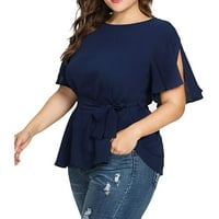 хуаи маици за женски цврсти плус големина кошула со кратки ракави блуза со појас блуза блузи женски маици сина ххххххл