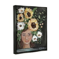 Девојка од студ Индустри, облечена во цветна круна, жолто бело цвеќиња, сликарство авион, црно лебдечко платно печатено wallид, уметност, дизајн од Аманда Хилбурн