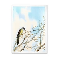 DesignArt 'Птица што седи на старо голи дрво со сино облачно небо' Традиционално врамен уметнички принт
