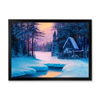 Дизајн на „Реката куќа во шумата и зимскиот пејзаж II“ езерска куќа врамена уметничка печатење