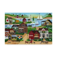 Трговска марка ликовна уметност 'Seaside Village со дрвени производител на играчки пловички чамци' платно уметност од Шерил Бартли