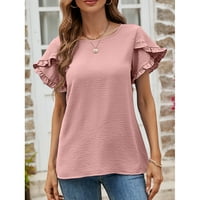 Лето нова еднобојна чипка со кружен врат женски врвови со кратки ракави обична маица Жени Длабоко розова М