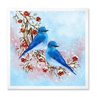 DesignArt 'Две сини птици кои седат на гранка со бобинки во зимска традиционална врамена уметност печатење