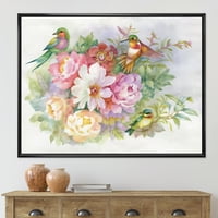 DesignArt 'Шарени птици и живописни гроздобер цвеќиња, традиционално врамен платно wallид за печатење