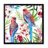 DesignArt 'Розела птици кои седат на цвеќиња од дрвото на цвеќиња' Традиционална врамена уметничка печатење
