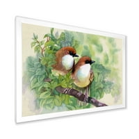 Птици од пролетно седење на гранка врамена слика за сликање на платно уметничко печатење