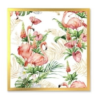 DesignArt 'Тропски цвеќиња и златни лисја со традиционално врамено уметничко печатење на розовите фламинго