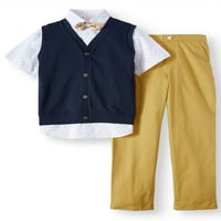 Fresty Fresty Set со плетен елек, печатена кошула со кратки ракави, лак за лак и панталони за влечење на Twill, сет на облека