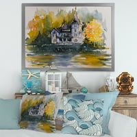 DesignArt 'Замок со есенски дрвја покрај езерото „Езерото куќа“, врамени уметнички принт