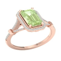 Империјал скапоцен камен 10K розово злато смарагд исечен зелена аметист КТ два дијамантски ореол, поделен женски прстен