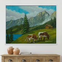 Кравите на зелена ливада со планински пејзаж со 32 24 Рамка за сликање на платно уметничко печатење