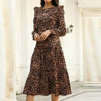 Жените Мода Обичен Печатени Круг Вратот Леопард Печатење Набразден Долг Ракав Фустан