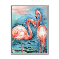 DesignART 'Пинк Фламинго Loveубовни птици во сина вода i' Фарма куќа врамена платно wallидна уметност печатење