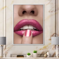 Дизајнрт „розови женски усни со прст на уста“ модерно врамено платно wallидно печатење