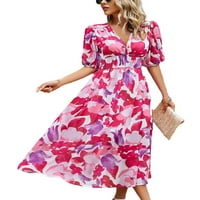 Летен Фустан За Жени Краток Ракав V Модел На Вратот Цветен Принт Плажа Секојдневен Фустан