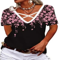 Плус Големина Жени Обични Цветни Печати Маица Блуза Краток Ракав V Вратот Лабава Врвот