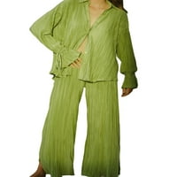 Каруеду Жени Плисирани Облеки Поставете Блуза Со Копчиња Со Долги Ракави Кошула Обични Лабави Панталони Комплет Салон Зелена