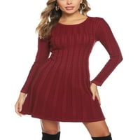Фустан од џемпер за жени тенок фит кабел со долг ракав плетени фустани, s-2xl