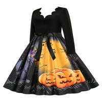 Пајл Ноќта На Вештерките Фустан За Жени Ноќта На Вештерките Печатени Долги Ракави Шиење А-линија V-Вратот Фустан JY XL