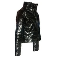 Пгерауг женски блузи Со Долги Ракави Сјаен Кожен Леб Надолу Јакна Патент Џебови зимски палта за жени Црна М