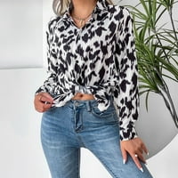 Женски Леопард Печатење Блуза Блузи Долг Ракав V Вратот Копчето Надолу Повик Кошули Светлина & Лабава Одговара Модни Блузи