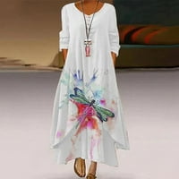 Мода Обични Жени Обични Долги Ракави V-Вратот Цветни Печатени Неправилни Долги Фустани Фустан
